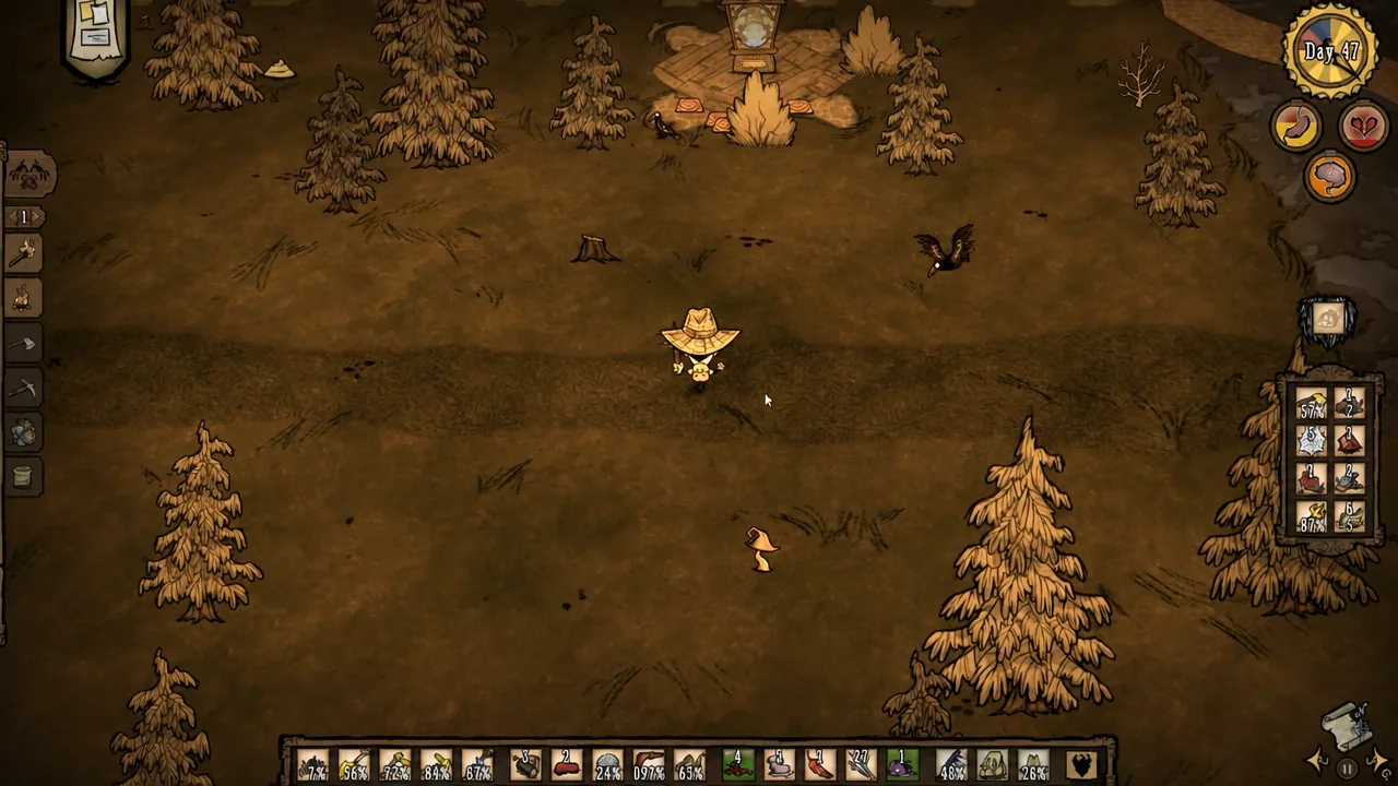 Survivor standing idle in Don't Starve Together with inventory and crafting tabs on screen