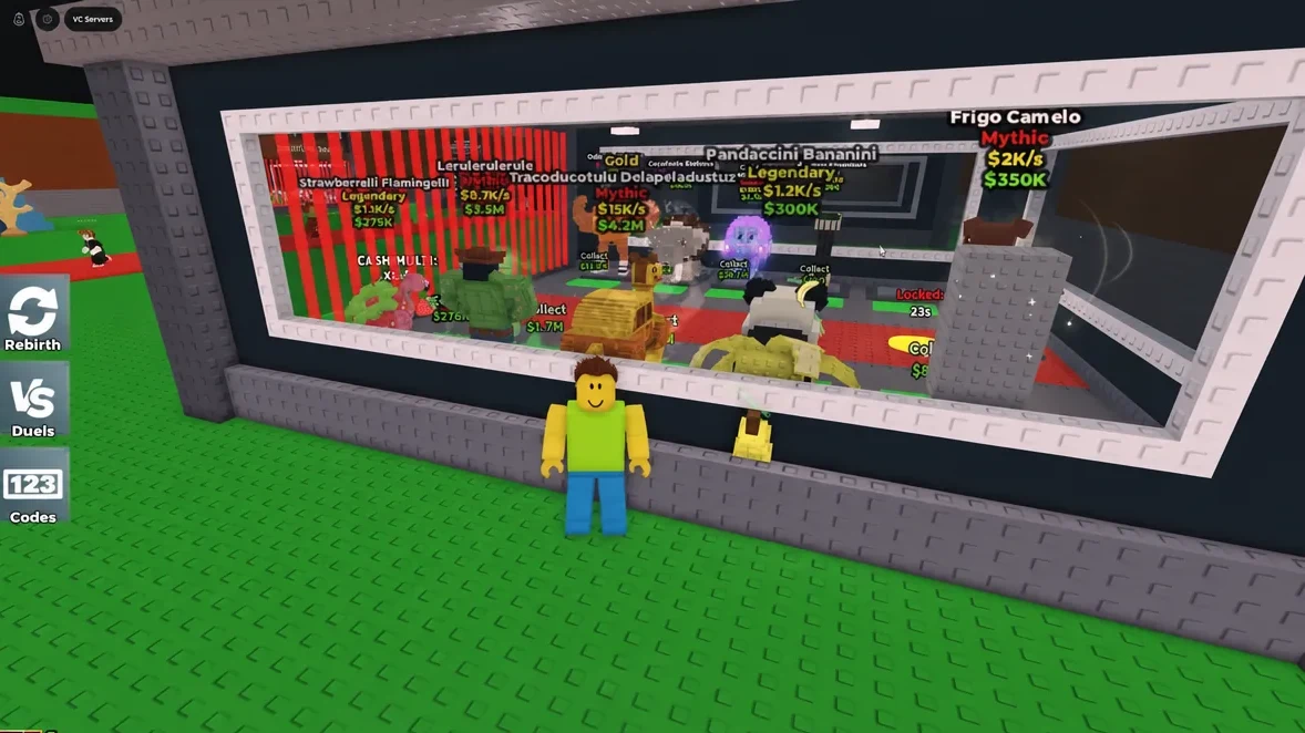 Player avatar browsing a base showcase of brainrots with prices and status labels