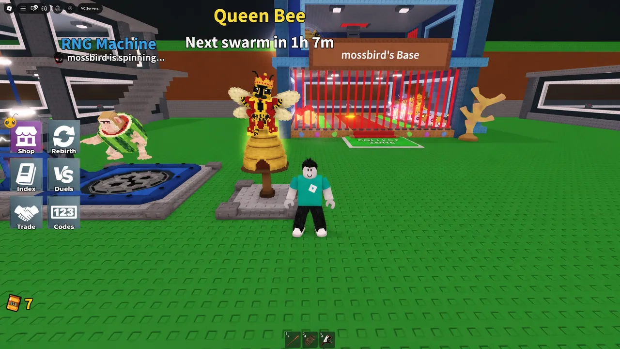 Queen Bee statue on screen with the countdown to the next bee swarm running