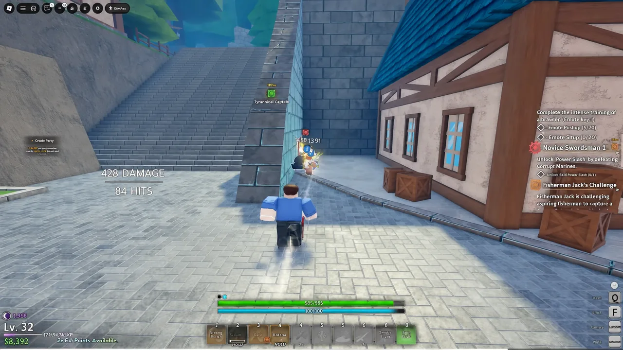 Player striking a Corrupt Marine in Grand Blue as damage numbers appear on screen