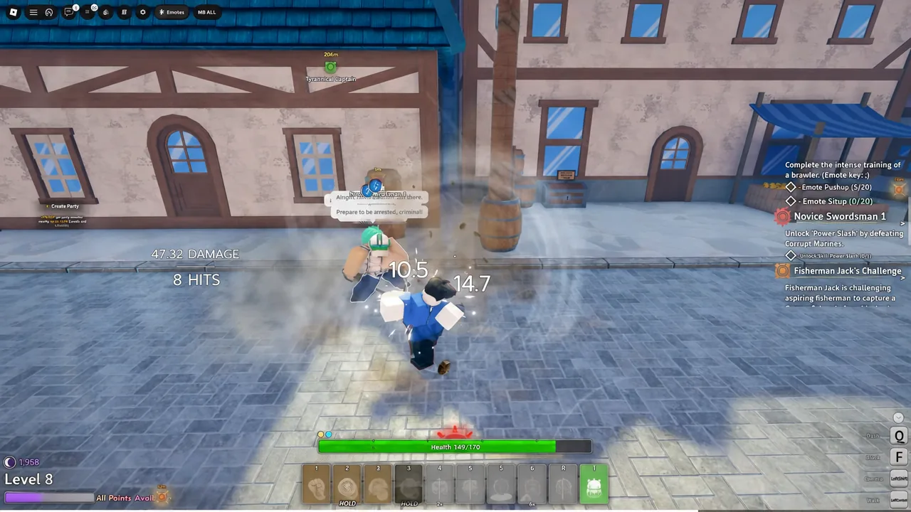 Grand Blue quest tracker showing Novice Swordsman 1 while the player fights a Corrupt Marine