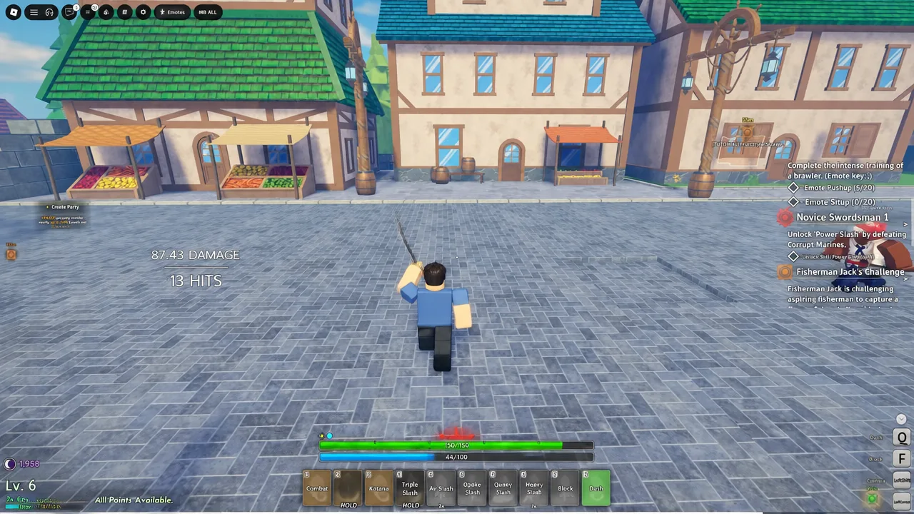 Grand Blue avatar swinging a Katana at an enemy with hit counters on screen