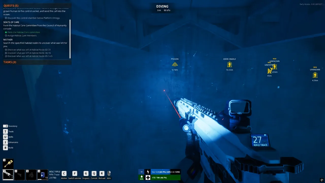 Underwater diving view with the Bolt Rifle equipped and aimed, quest markers visible in the distance