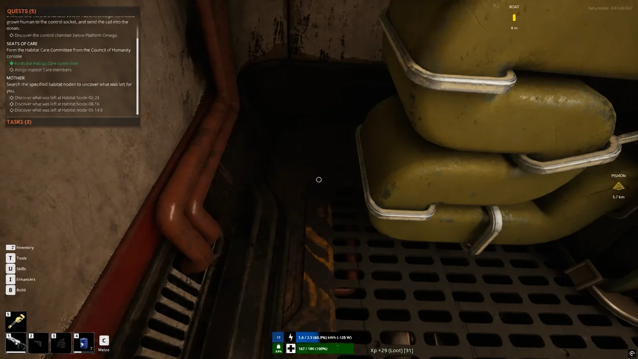 Interior of the habitat with the quests panel open while moving between installed machinery