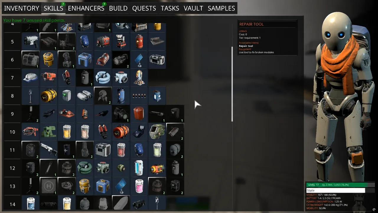 Skills menu open with a node selected and its tooltip showing tier and cost information
