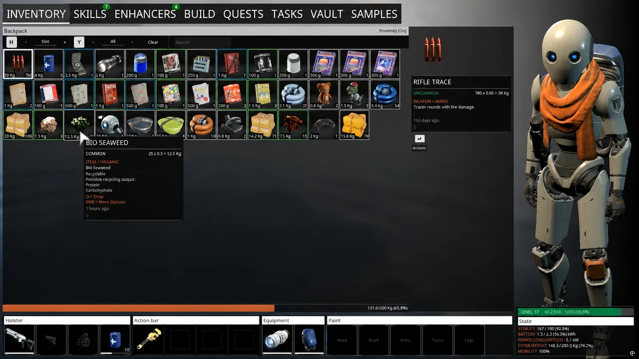 Inventory screen with Bio Seaweed highlighted and its item details panel open