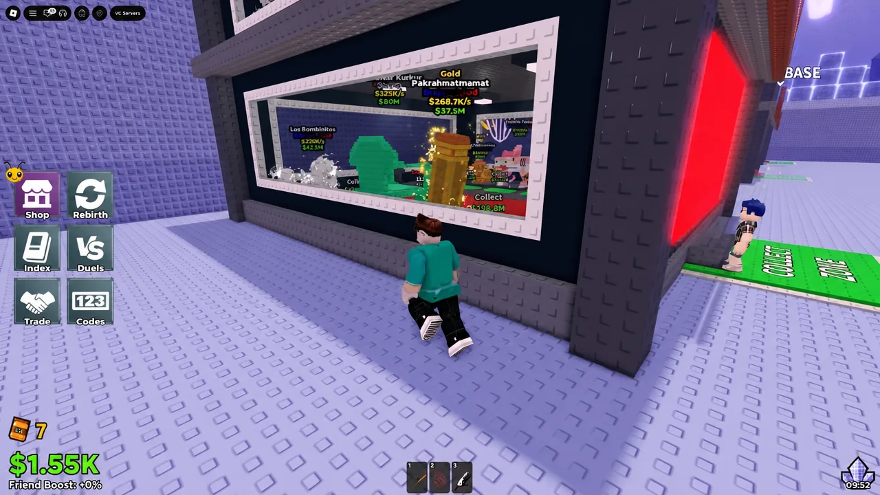 Avatar walking toward the BASE portal with the Shop, Rebirth, Index, Duels, Trade, and Codes buttons on screen