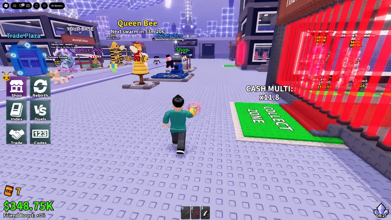 Player walking into the green COLLECT ZONE at their base to bank generated cash