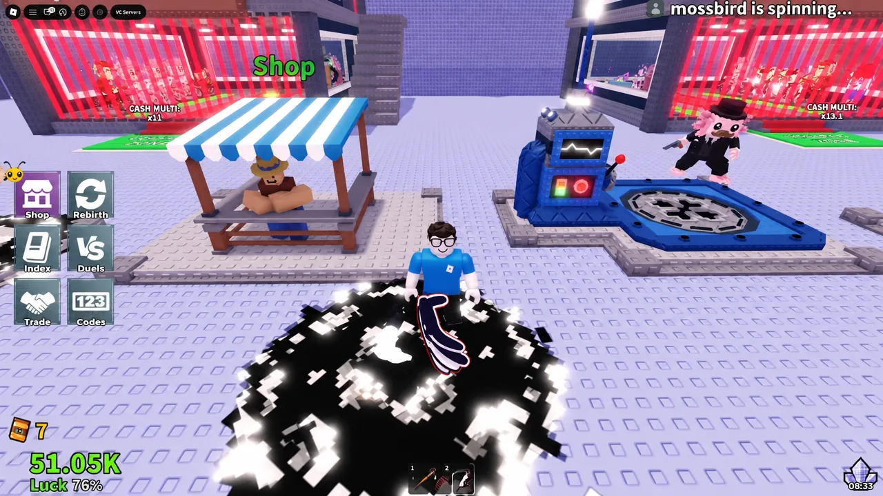 Player standing in the central hub area of Steal a Brainrot next to the Shop stall