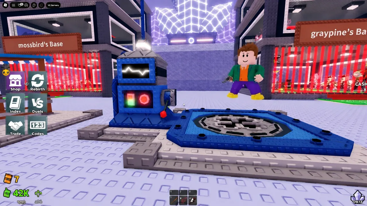 Player approaching the central rebirth machine and teleport pad with the Rebirth button on screen