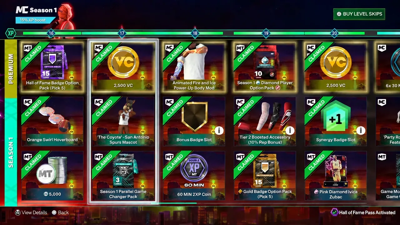 Season 1 rewards track showing claimed tiles and a highlighted reward pack