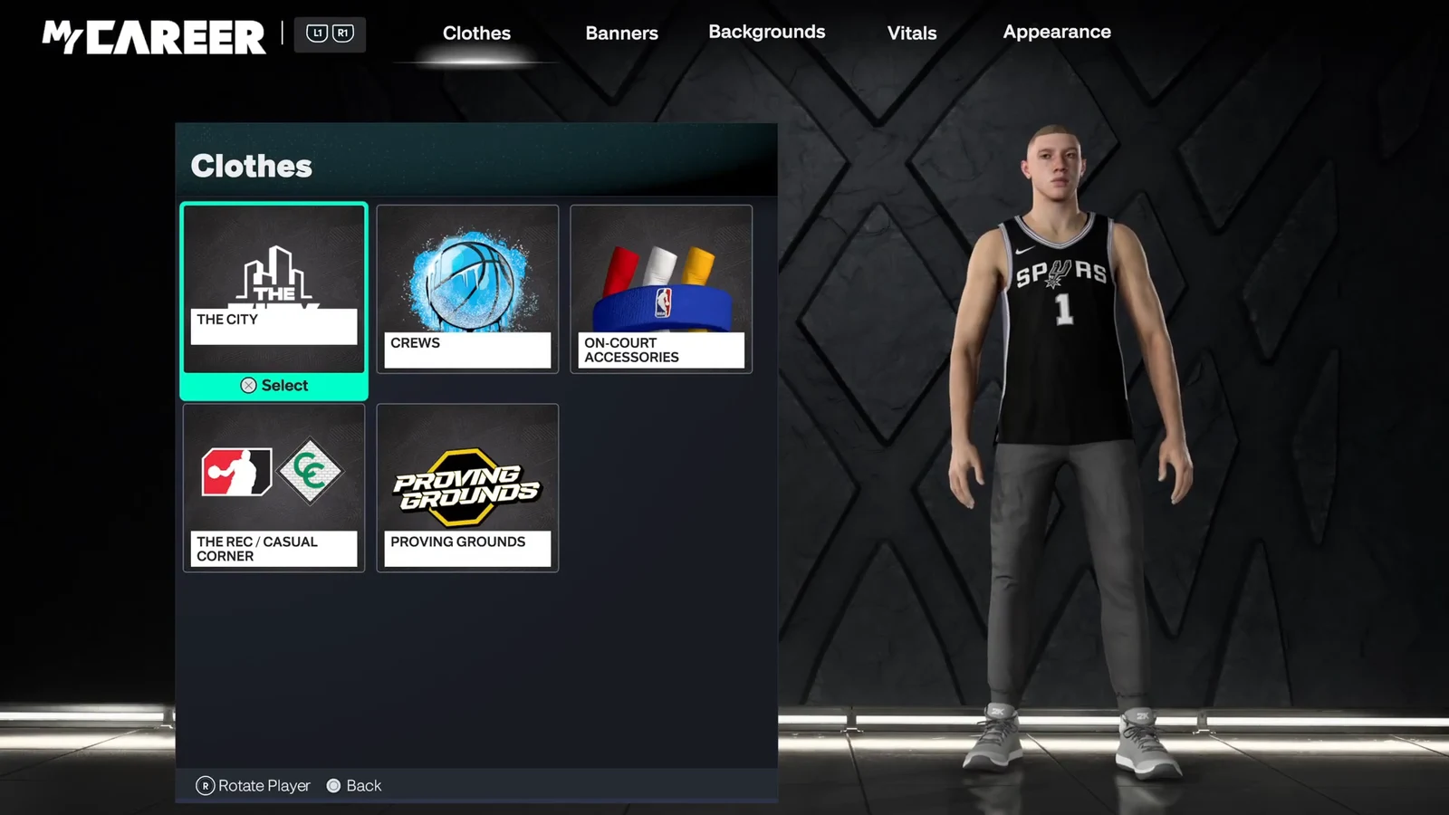 MyCareer Clothes menu with The City category highlighted next to the player preview