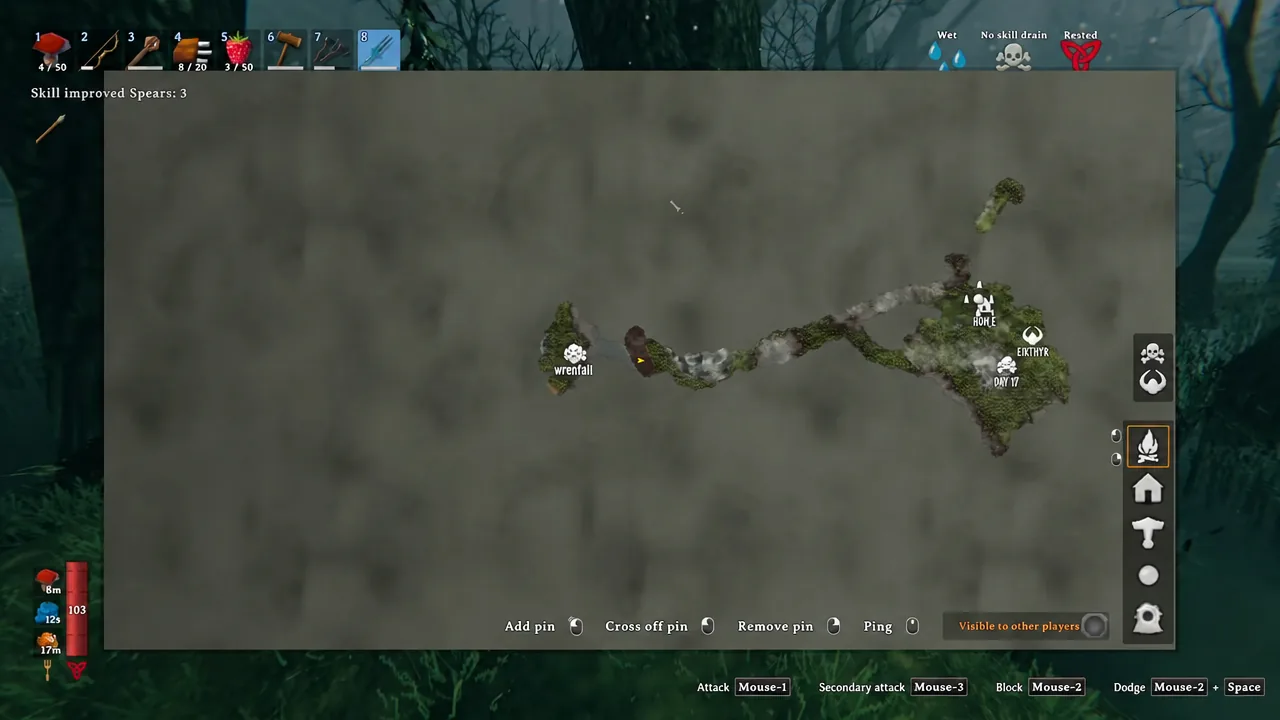 Valheim world map open with location pins, used to scout a nearby Swamp biome