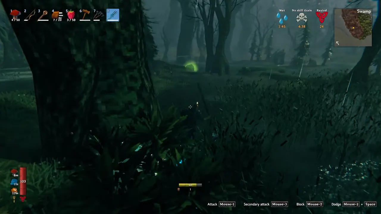 Player moving through the murky Swamp biome with a weapon equipped on the hotbar