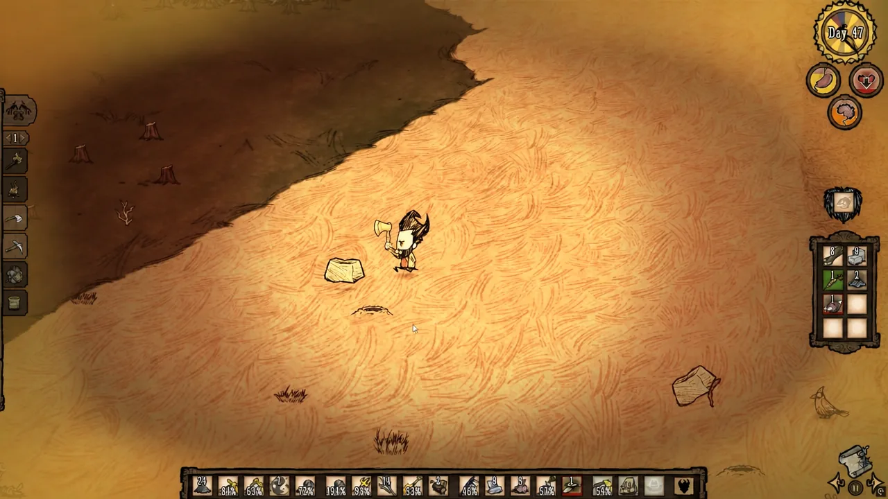 Wilson holding a lit Torch at dusk standing next to a dropped item on the ground