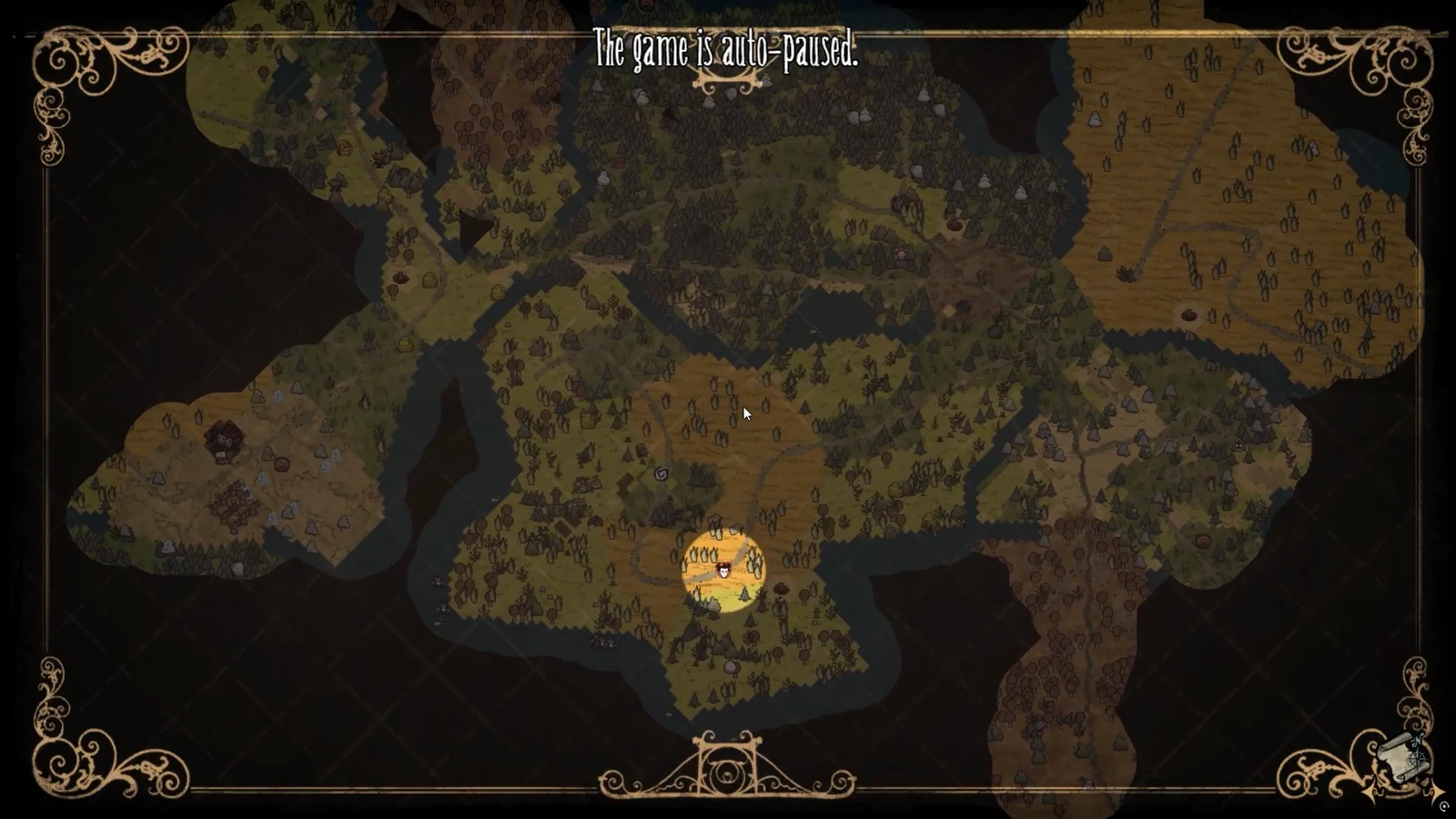 Auto-paused world map in Don't Starve Together showing the explored area and the player's position