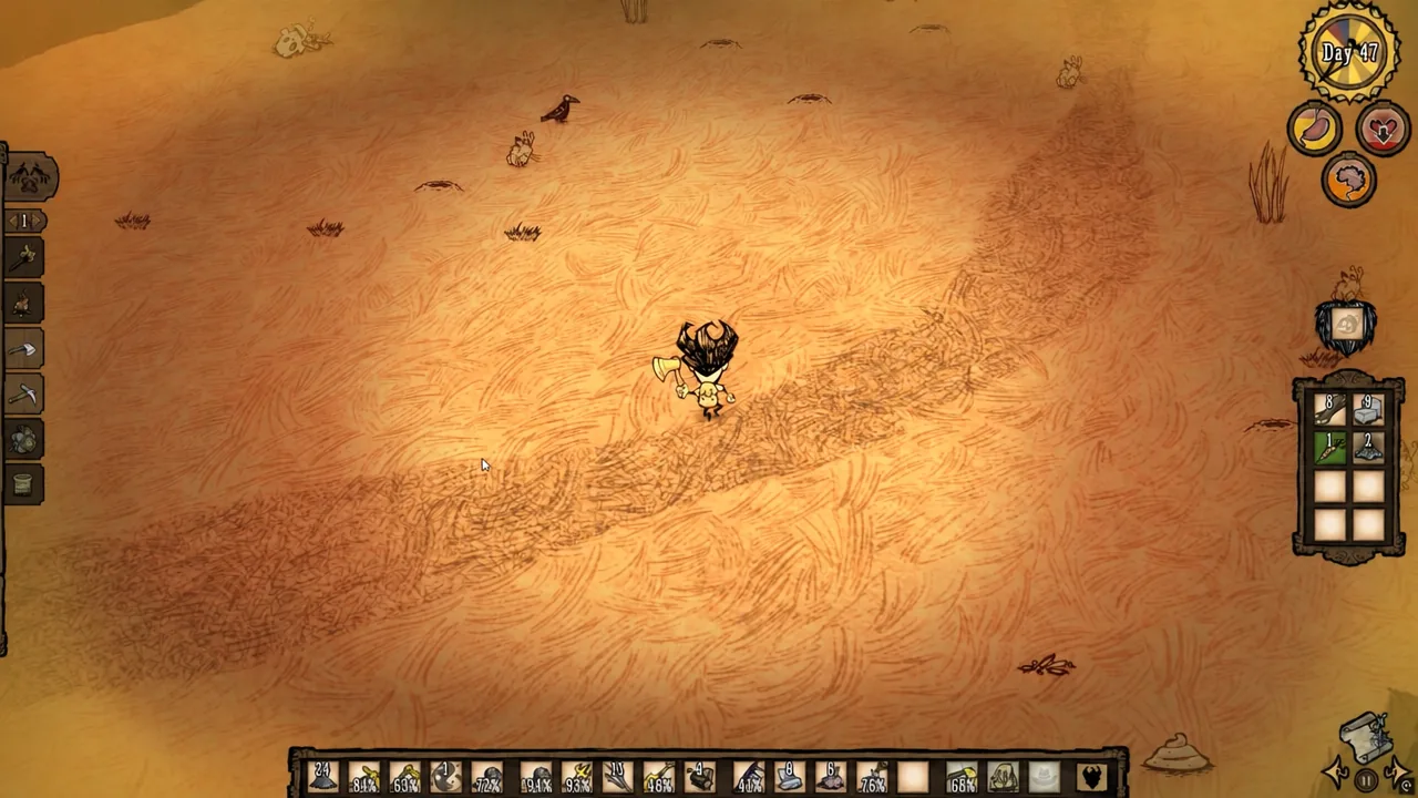 Player character holding a shovel and digging in the Savanna near rabbit burrows