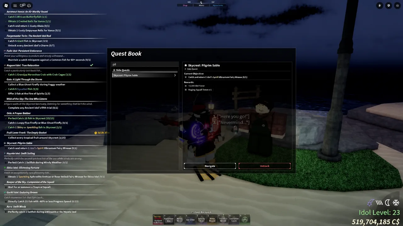 Quest Book open on the Skycrest: Pilgrim Sable entry asking for one Spirit Vibranium Fairy Wrasse