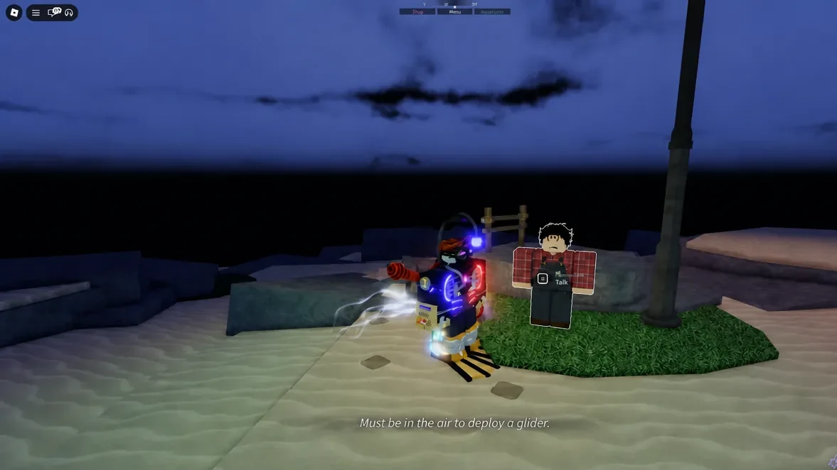 Talk prompt above an NPC in Skycrest village, with a glider warning about needing to be airborne
