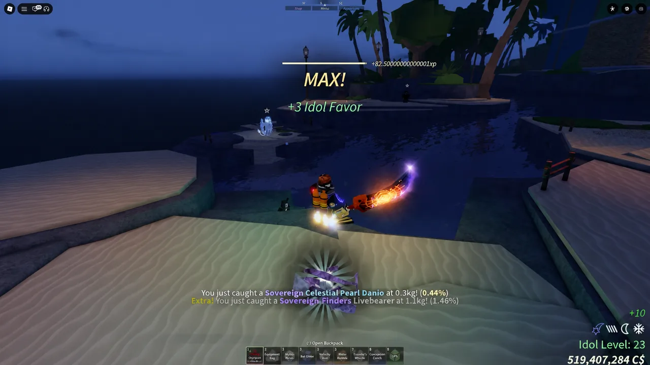 Sovereign Celestial Pearl Danio catch notification with Idol Favor shown at MAX