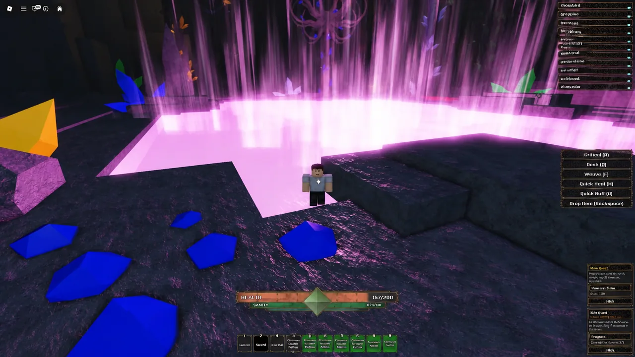 Player standing beside a glowing pool with green-highlighted hotbar items on screen
