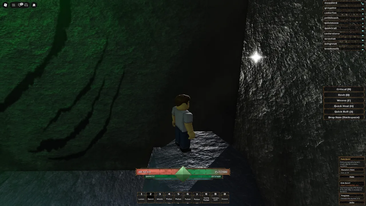 Cave navigation view with action controls and quest panels on the gameplay HUD