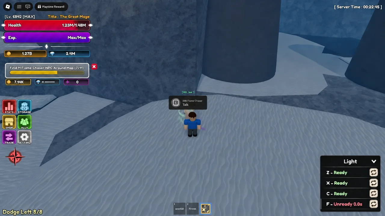 Player standing next to a Flame Chaser NPC with the E Talk interaction prompt visible