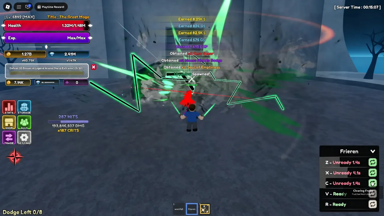 Boss fight in progress with Frieren equipped in the hotbar and kill rewards popping up on screen