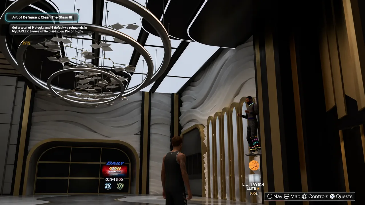 MyCAREER gameplay HUD tracking a defensive quest with blocks and rebounds counters