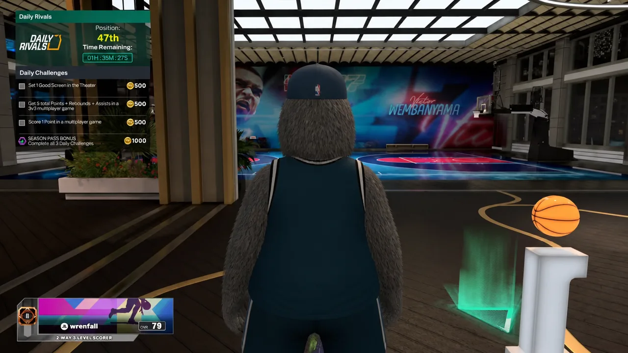 MyPLAYER standing at the court entrance with a challenge list open on the right side of the screen