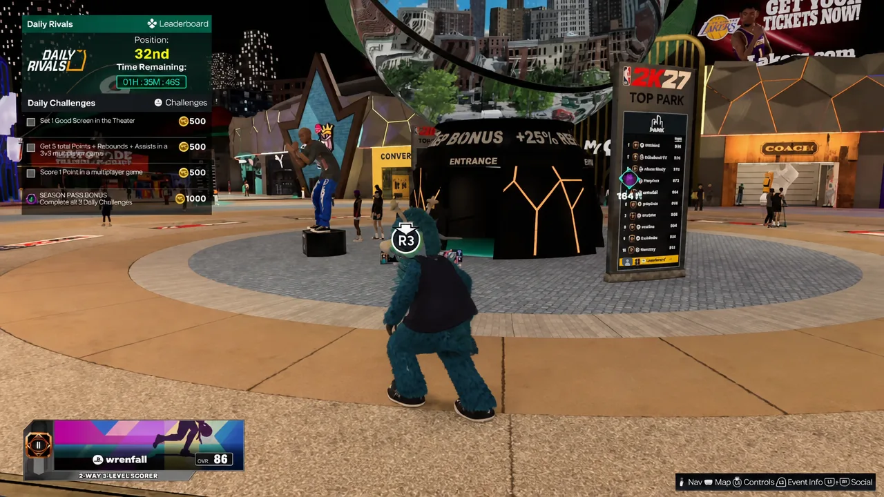 On-screen R3 button prompt shown while standing at a court entrance in NBA 2K27