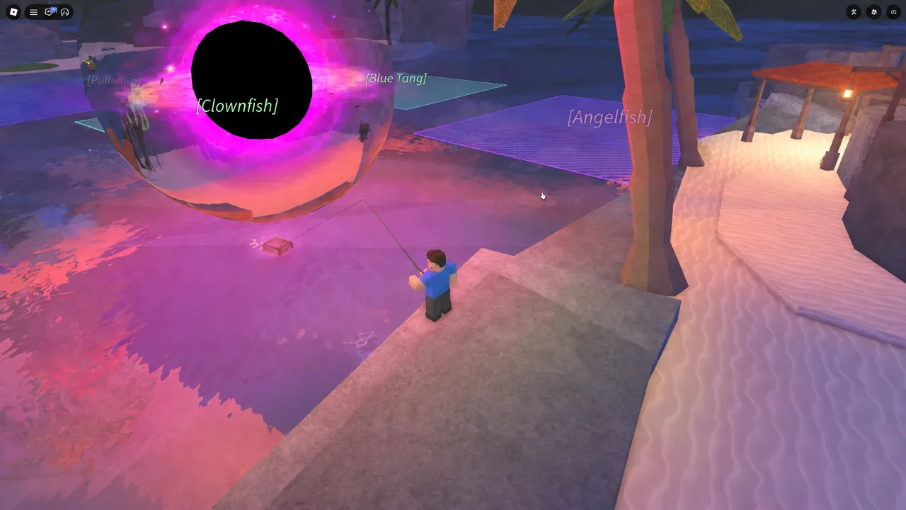 Casting into the coral reef water at Roslit Bay, with a labelled Clownfish zone in front of the player.