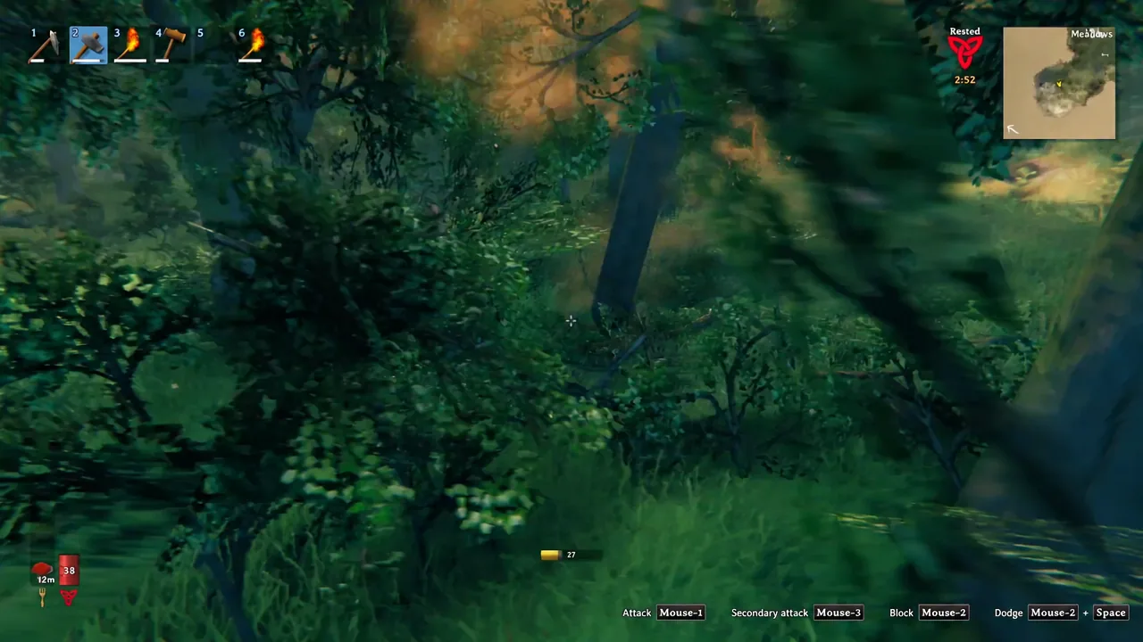 Valheim player exploring the Meadows with the hammer equipped in hotbar slot two