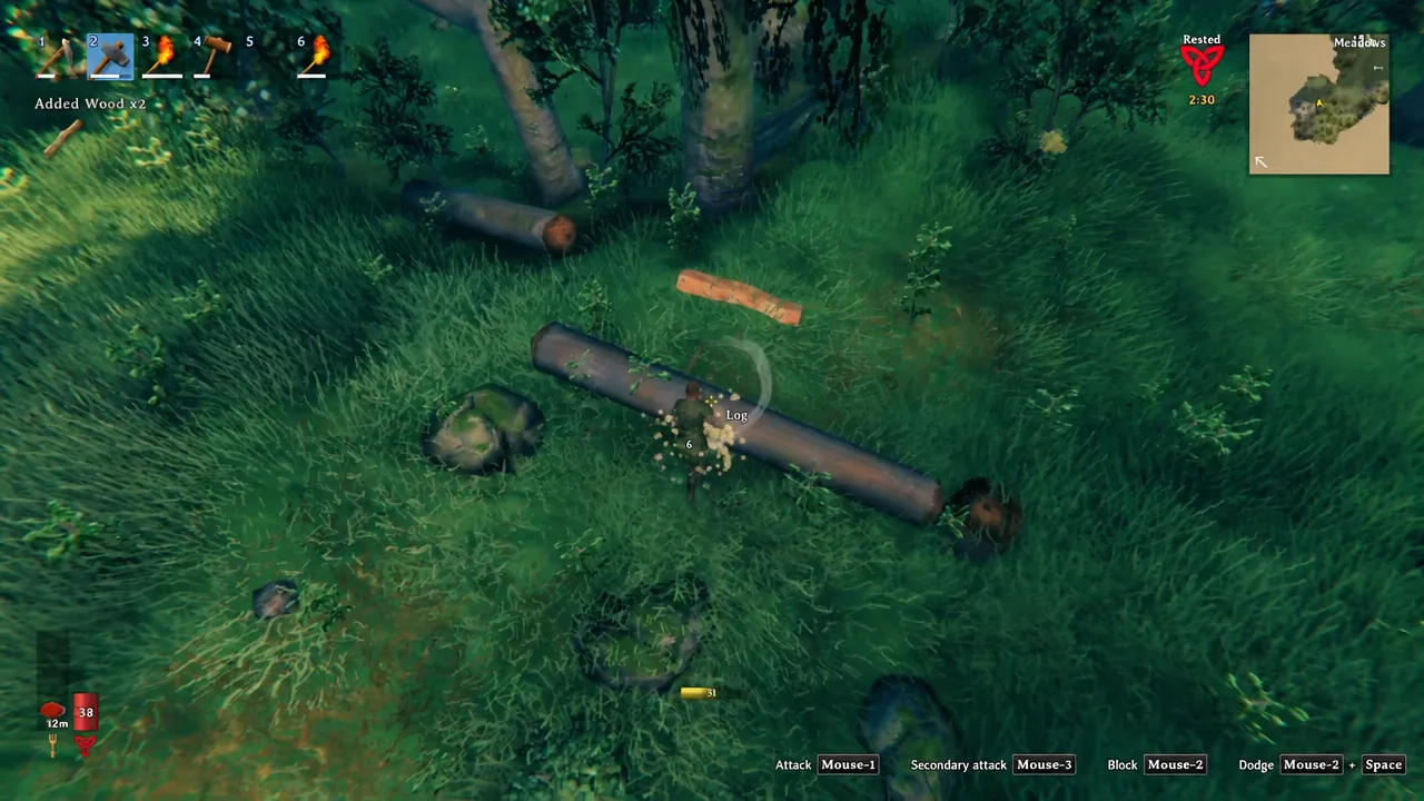 Fallen log highlighted on screen in Valheim as the player targets it after felling a tree