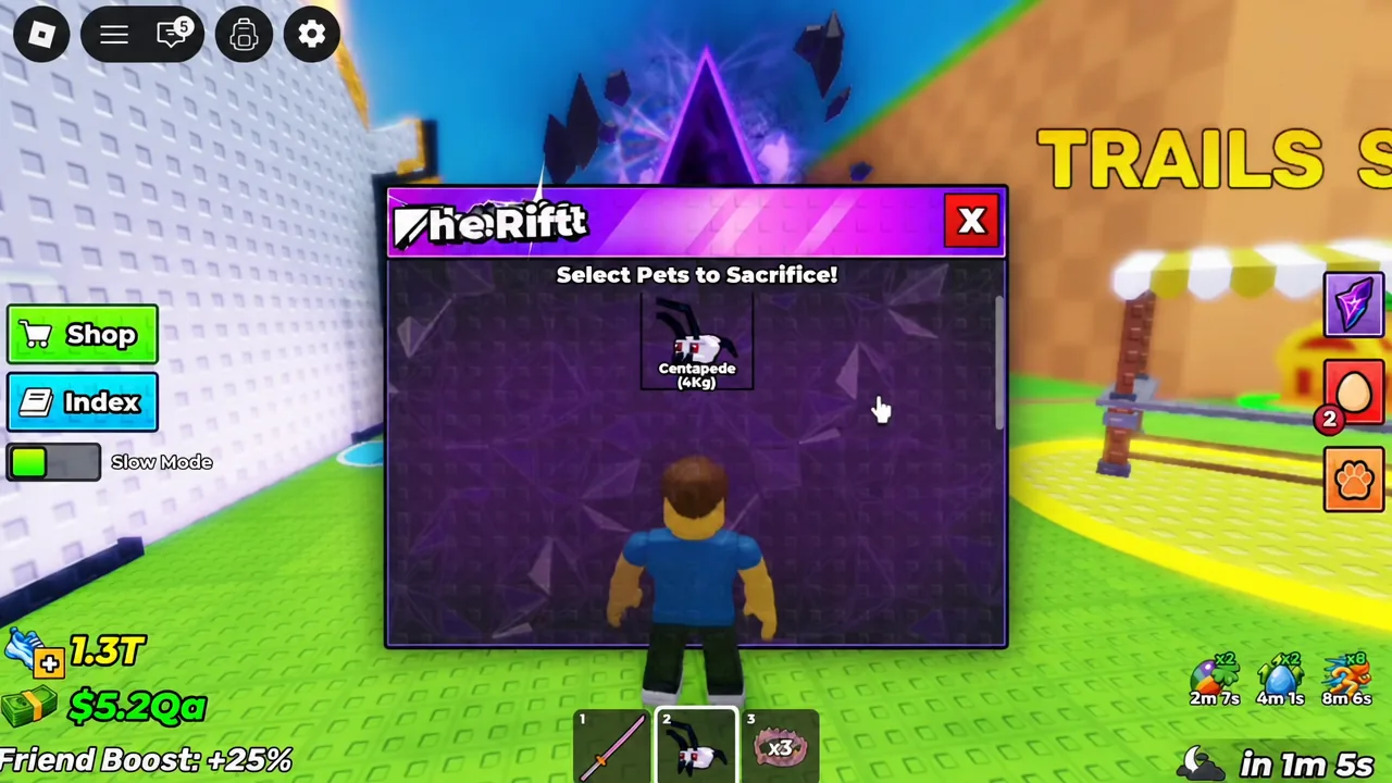Select Pets to Sacrifice menu with a 4Kg Centipede highlighted for selection