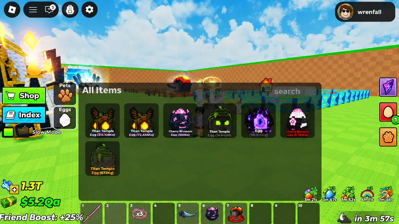 All Items inventory with the Eggs tab open, showing stolen eggs and their rarities