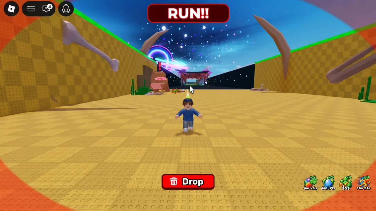 Escaping a biome with a stolen egg while the red Drop button sits at the bottom of the screen