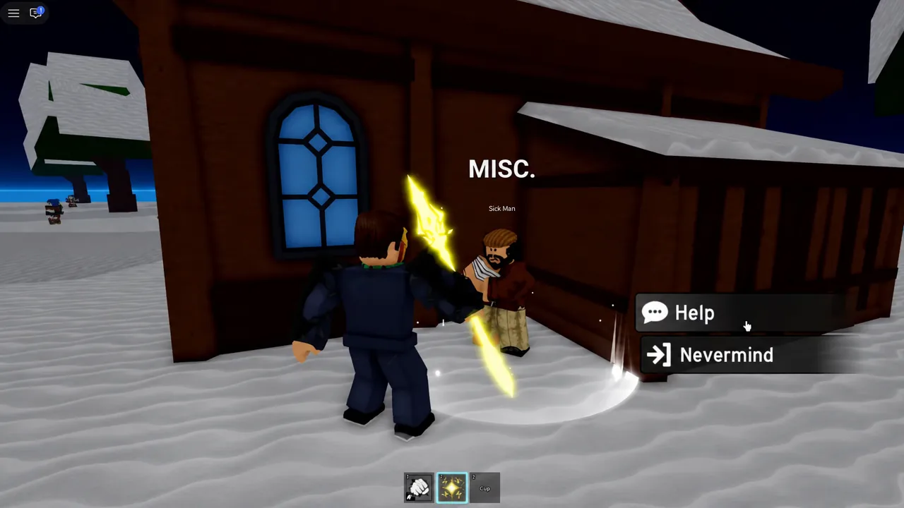 Dialogue box with the Sick Man in the Frozen Village showing the Help option highlighted