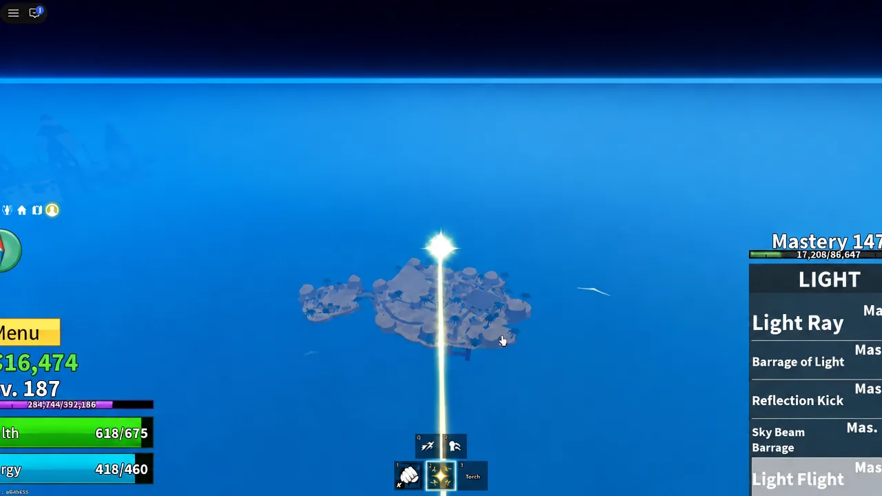 Flying across open water from the Jungle toward the Desert island in Blox Fruits