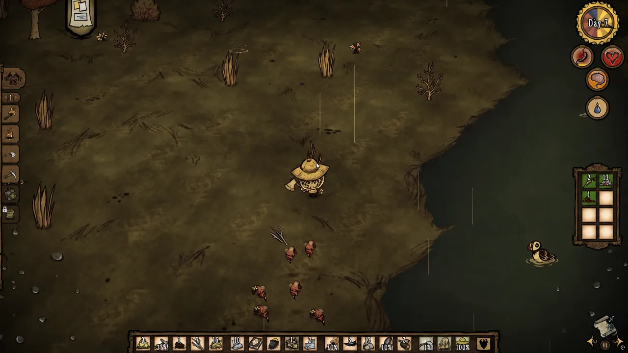A survivor gathering along a shoreline beside rabbits on day 7 with the survival HUD visible.