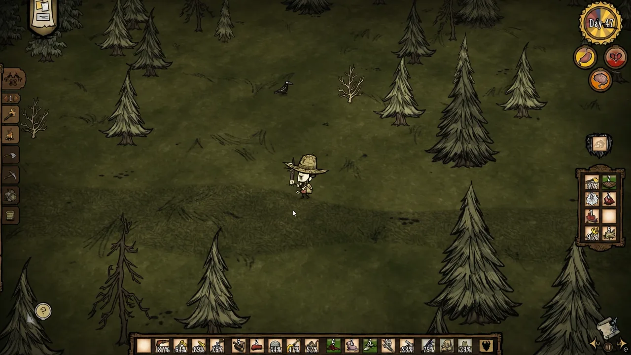 Day 47 gameplay in Don't Starve Together with the player character out exploring for clockwork mobs