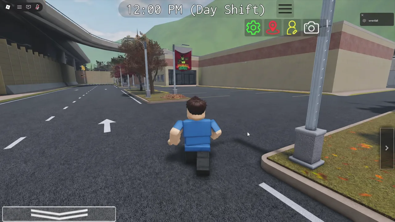 Player running along the street during Day Shift on the way to the Fazbear's Fright tunnel
