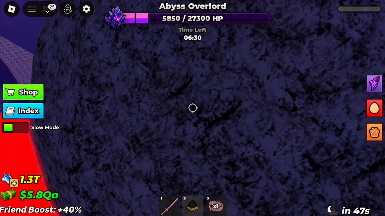 Abyss Overlord arena with the boss health bar and event timer visible above the fight