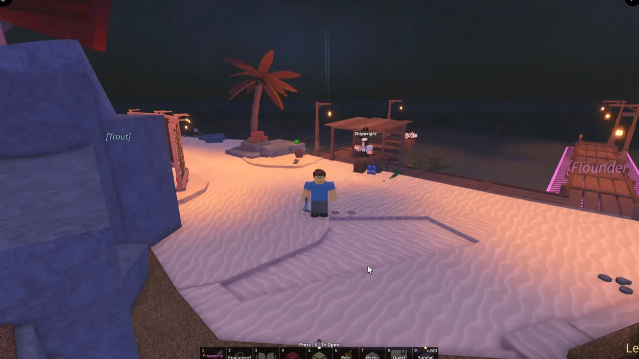 Player standing by the dock after spawning a boat, with the hotbar showing the Press G To Open prompt