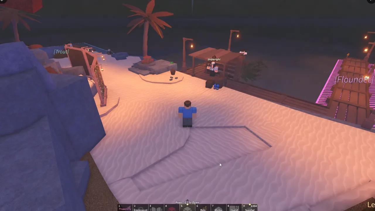 Approaching the Shipwright NPC on the Moosewood dock with the Press C To Open prompt on screen