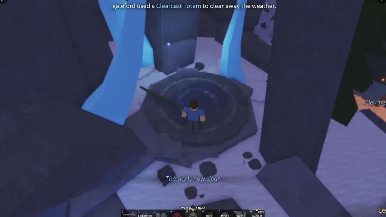 A Clearcast Totem being used in Fisch, with a message confirming the sky is now clear