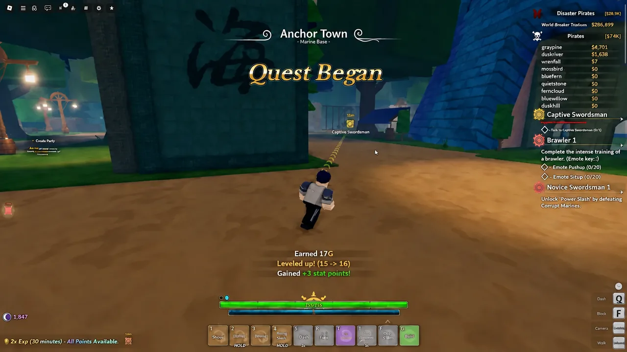 Anchor Town quest tracker on screen as the player follows a waypoint marker to an NPC