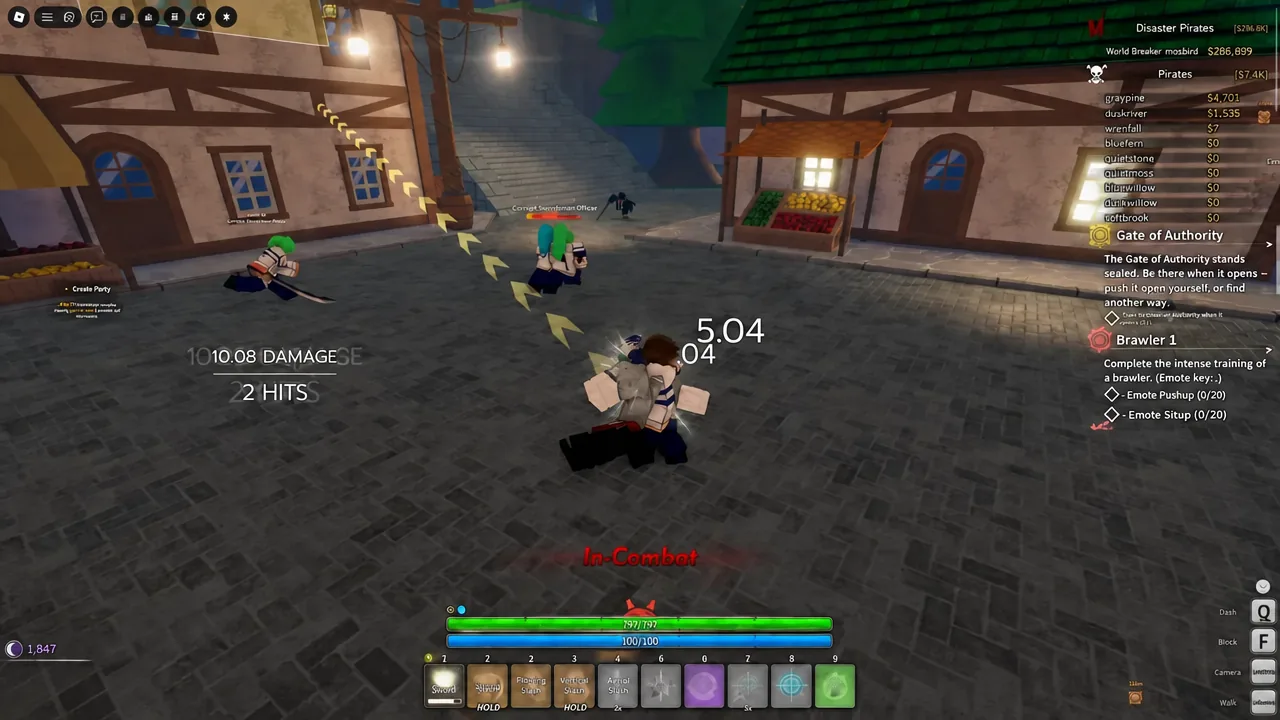 Brawler 1 quest panel and In-Combat status shown during a fight in the town square