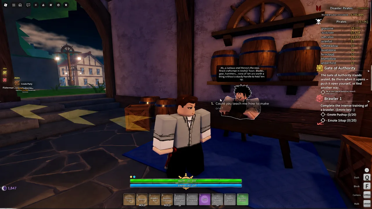 An Anchor Port NPC dialogue window with a crafting lesson response highlighted