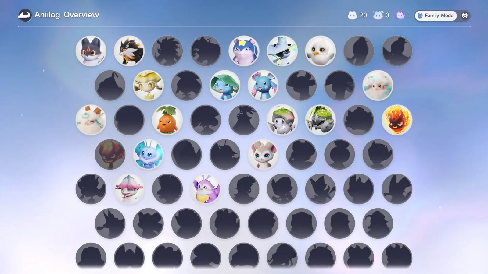 Aniilog Overview grid showing captured creature portraits next to undiscovered silhouettes